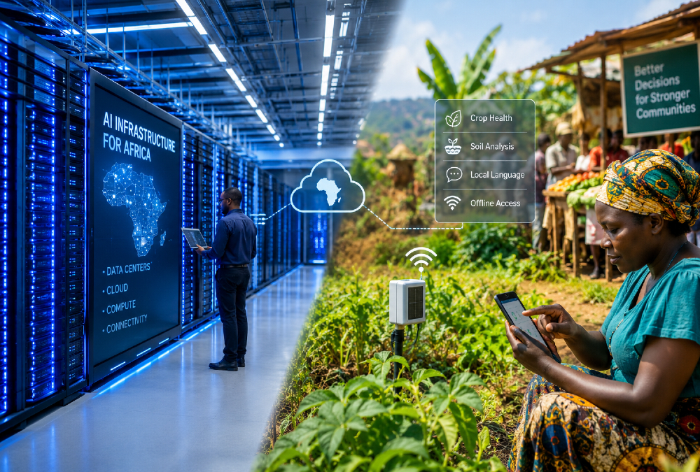 African AI infrastructure showing the contrast between large data centers and practical edge AI solutions for local needs.