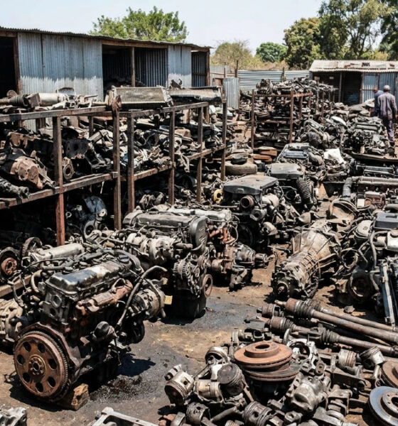 Salvaged vehicle parts and used engines stacked in an African spare-parts yard