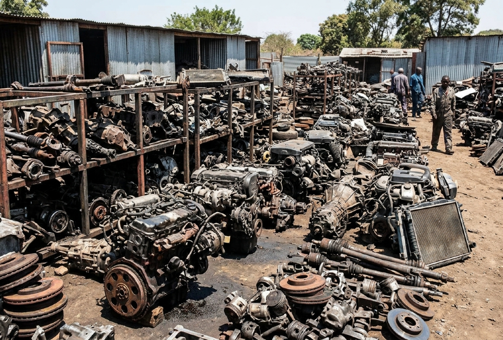 Salvaged vehicle parts and used engines stacked in an African spare-parts yard