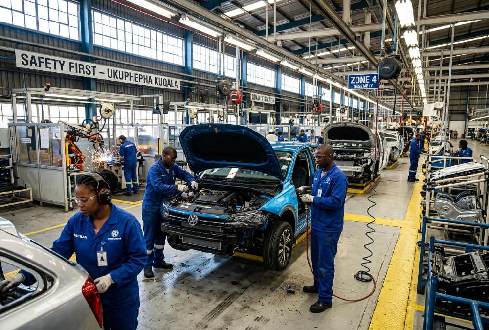 Workers assemble vehicles on a South African car factory floor as SKD subsidies end.