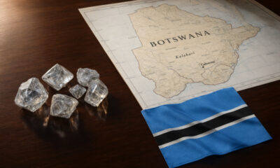 Rough diamonds on a table beside a map of Botswana, symbolizing the country’s bid for De Beers ownership