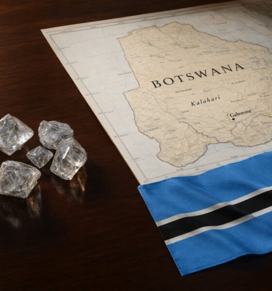 Rough diamonds on a table beside a map of Botswana, symbolizing the country’s bid for De Beers ownership