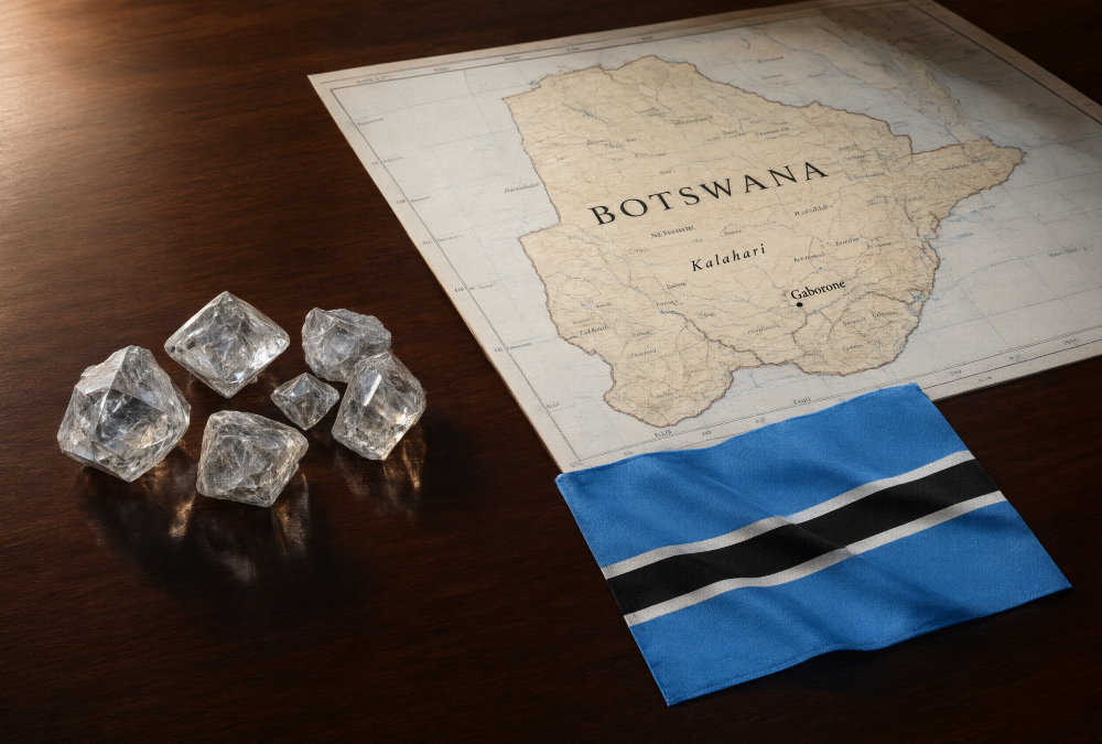 Rough diamonds on a table beside a map of Botswana, symbolizing the country’s bid for De Beers ownership