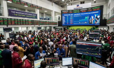 The Nigerian Exchange trading floor during the historic Dangote IPO, highlighting massive pan-African investor demand.