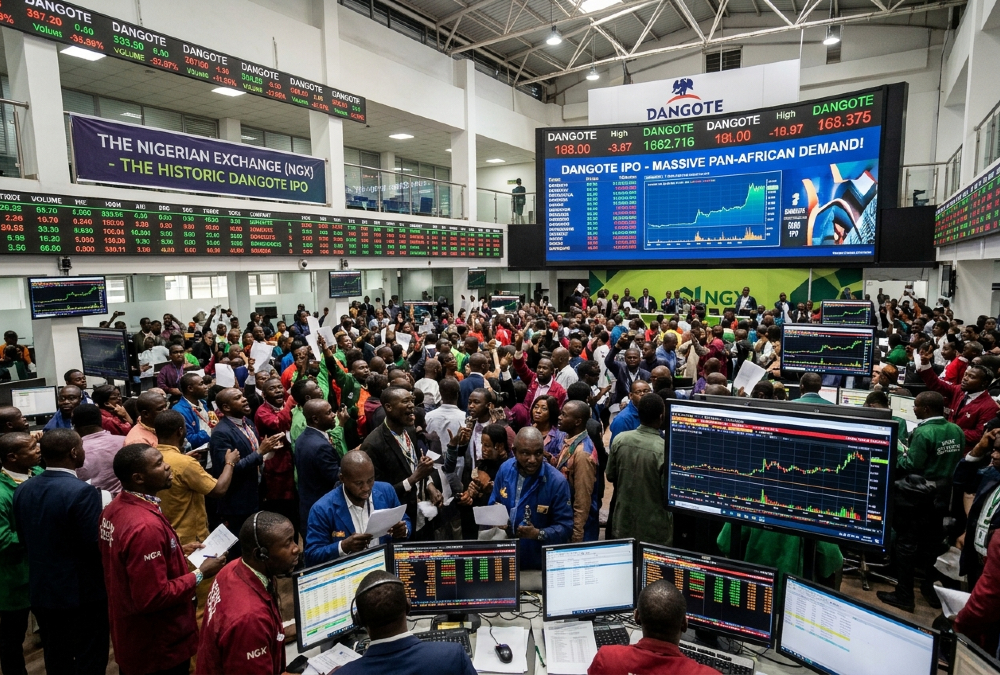 The Nigerian Exchange trading floor during the historic Dangote IPO, highlighting massive pan-African investor demand.