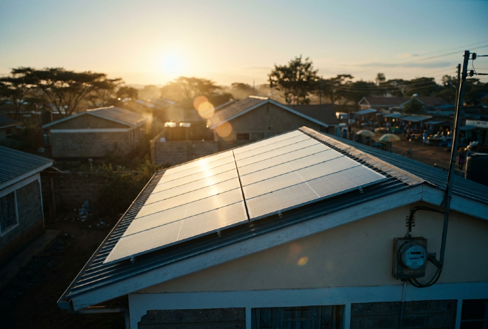 Rooftop solar panels on an African home, where the customer becomes a supplier by selling surplus power