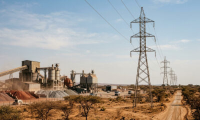 Electricity pylons beside a mineral processing plant in Africa