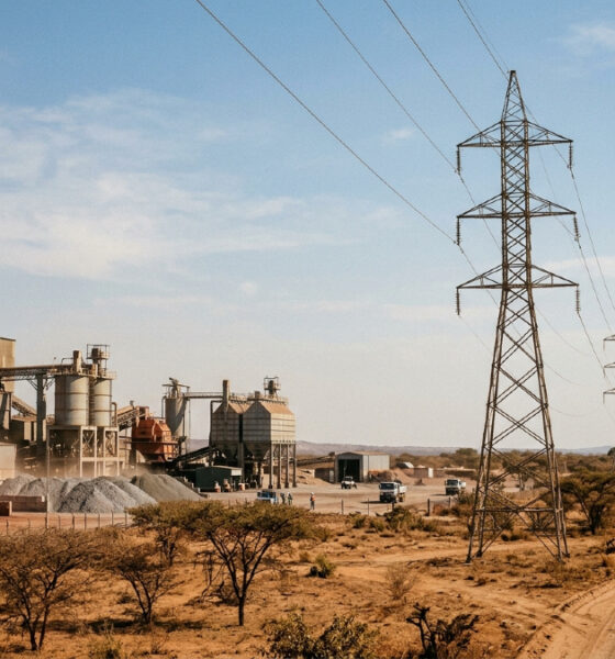 Electricity pylons beside a mineral processing plant in Africa