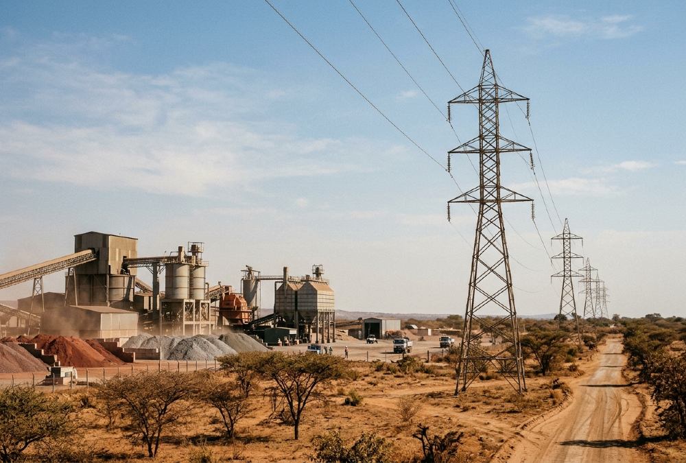 Electricity pylons beside a mineral processing plant in Africa