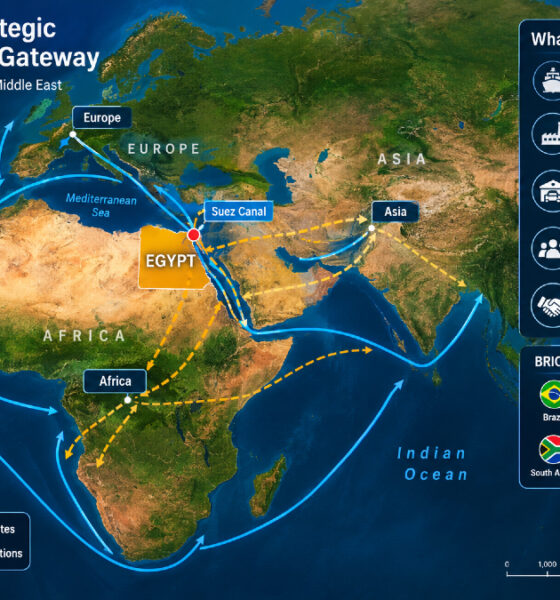 Map highlighting Egypt's strategic location as a BRICS trade gateway connecting Africa, the Middle East, and global shipping routes via the Suez Canal.