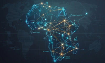 Digital network of glowing connections across a map of Africa, representing credit data and SME financing
