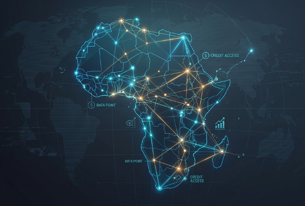 Digital network of glowing connections across a map of Africa, representing credit data and SME financing