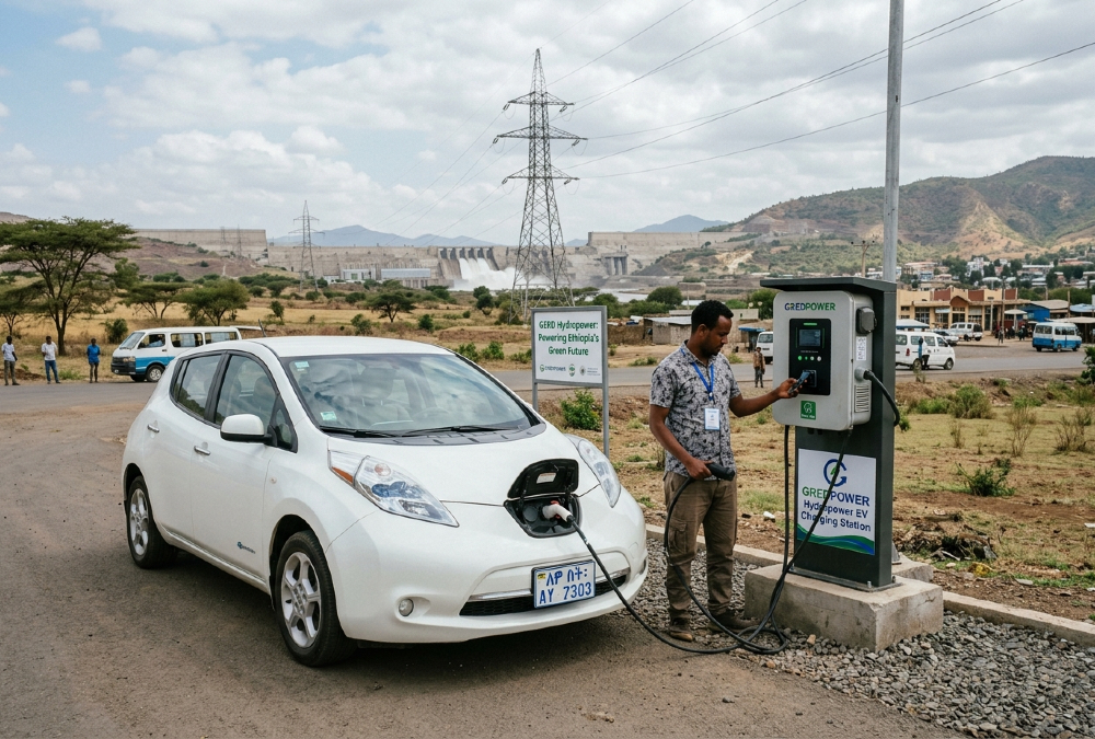 Electric vehicle charging in Ethiopia, powered by hydropower from the Grand Ethiopian Renaissance Dam