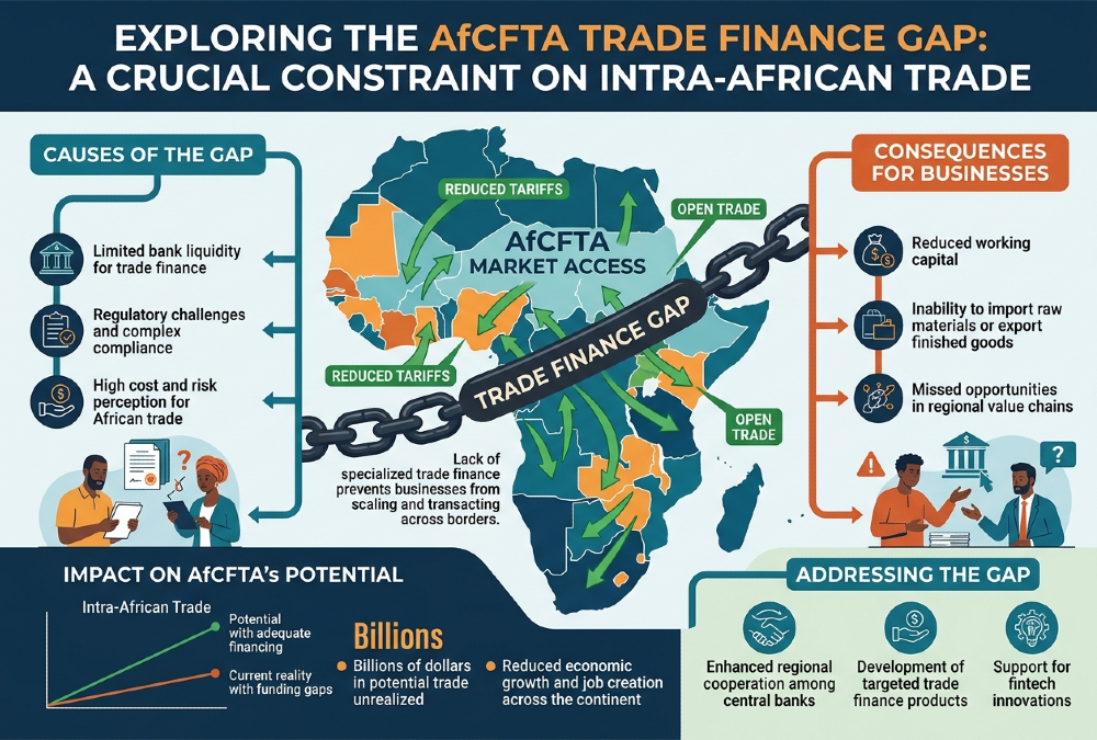 Infographic showing how the AfCFTA trade finance gap constrains cross-border trade despite reduced tariffs and open market access.
