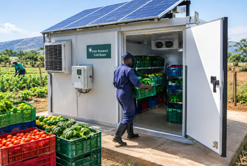 Solar-powered cold room storing fresh produce crates at an African farm