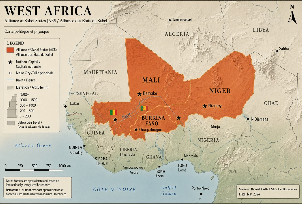 Map of the countries of the Alliance of Sahel States