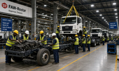 Workers assembling commercial trucks at the FAW-Rostar automotive manufacturing plant in Bagamoyo, Tanzania.