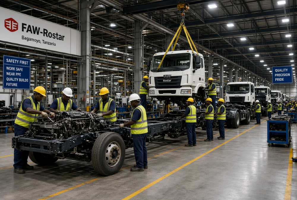 Workers assembling commercial trucks at the FAW-Rostar automotive manufacturing plant in Bagamoyo, Tanzania.