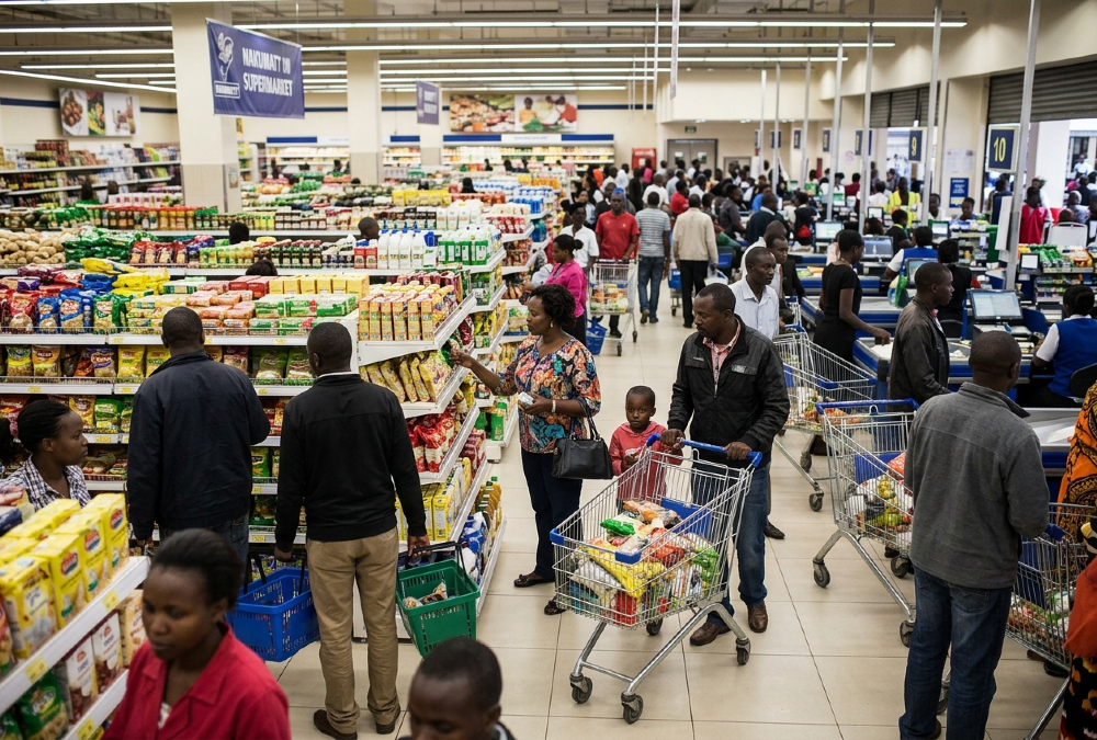 Shoppers in a bustling Nairobi supermarket, illustrating the surface-level activity masking the East Africa retail capital crisis.