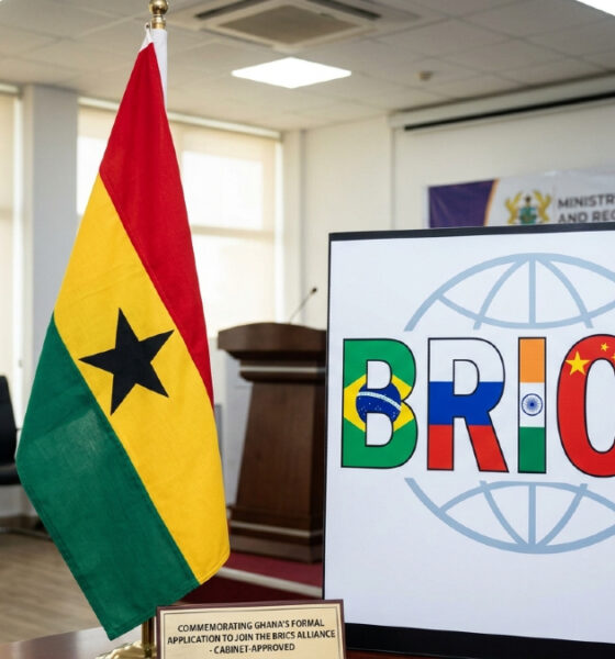 Ghanaian flag next to the BRICS alliance logo, representing Ghana's formal cabinet-approved application to join the bloc.