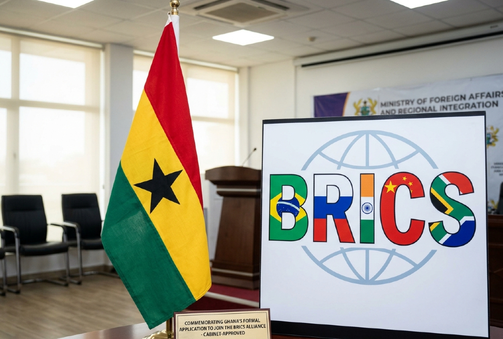 Ghanaian flag next to the BRICS alliance logo, representing Ghana's formal cabinet-approved application to join the bloc.