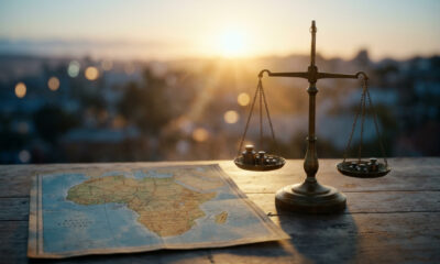 Scales of justice beside a map of Africa, symbolizing the debate over good governance in Africa
