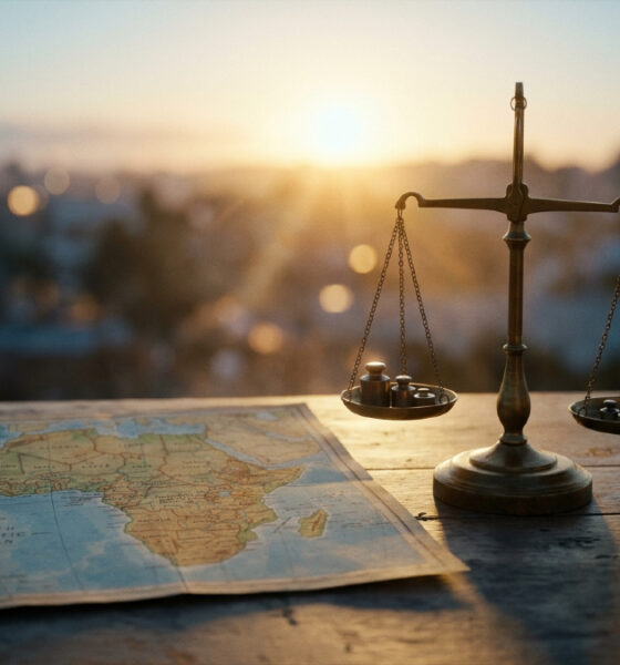 Scales of justice beside a map of Africa, symbolizing the debate over good governance in Africa