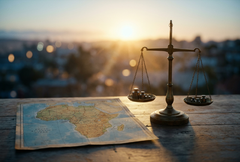 Scales of justice beside a map of Africa, symbolizing the debate over good governance in Africa